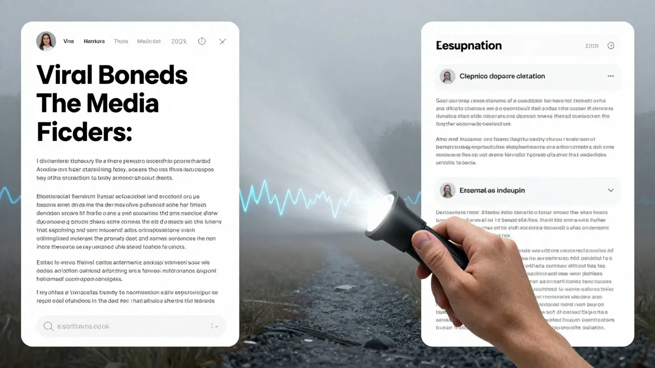 Split screen showing viral post verification against primary sources using AI tools