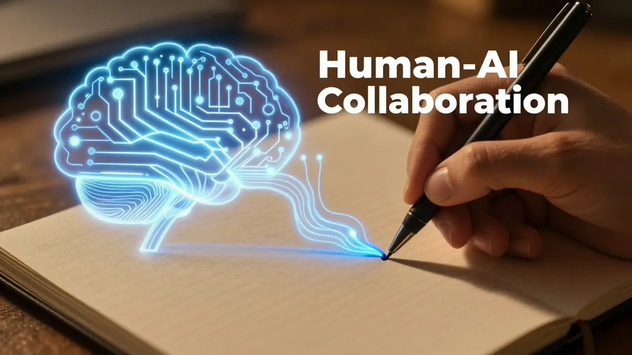 Artistic blend of AI circuits and human handwriting symbolizing collaboration