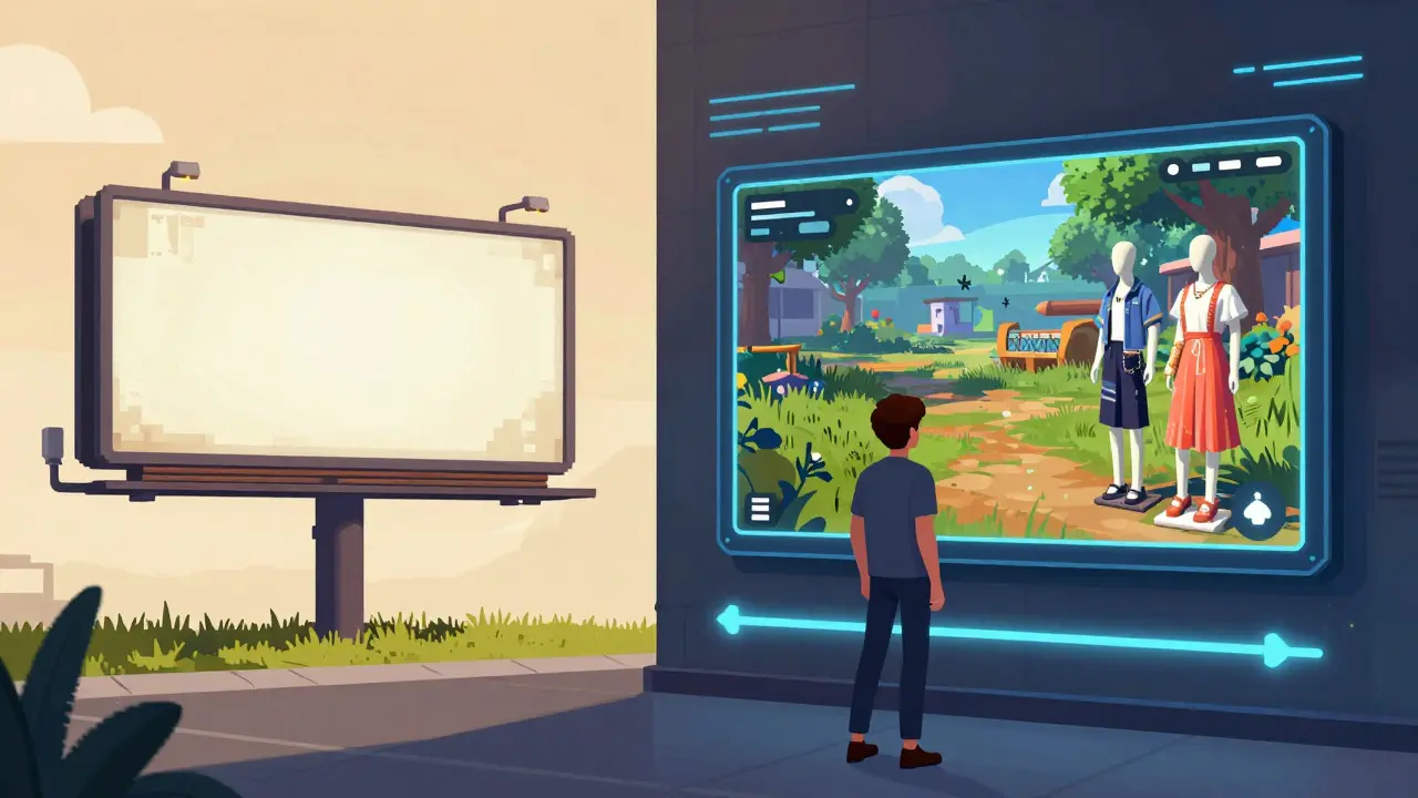 Comparison of old static game ads versus modern dynamic, real-time digital billboards.