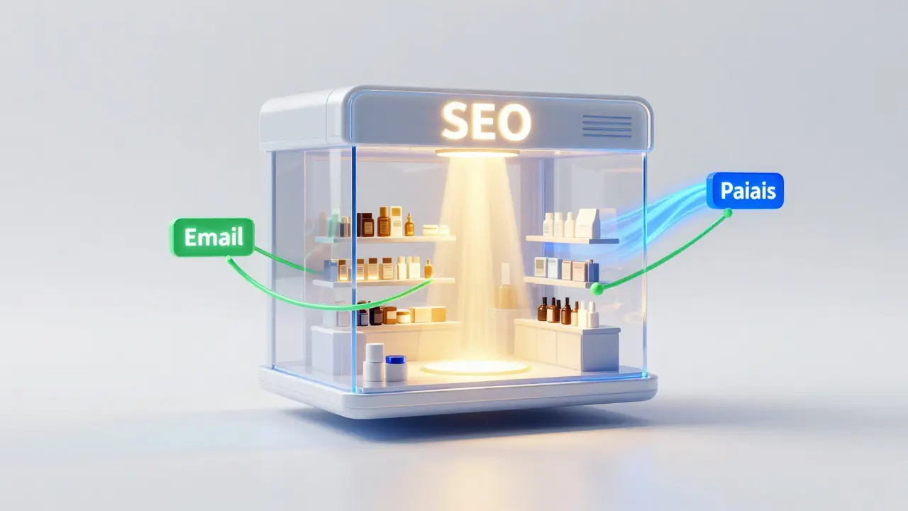 Conceptual 3D render of a digital store supported by SEO, ads, and email marketing streams