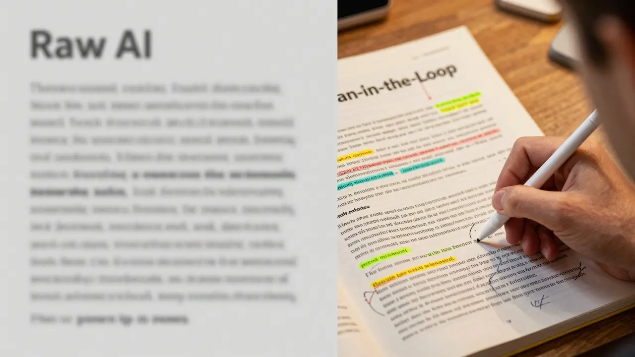 Conceptual split image showing raw AI text being refined with human annotations