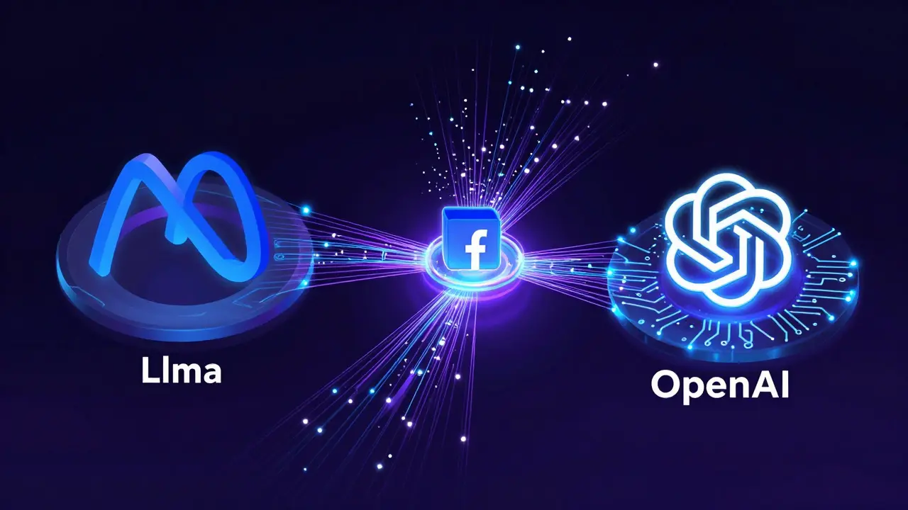 Digital art of neural networks connecting Meta and OpenAI technologies