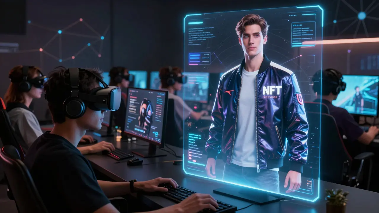 Gamers interacting with futuristic branded virtual items and holographic interfaces.