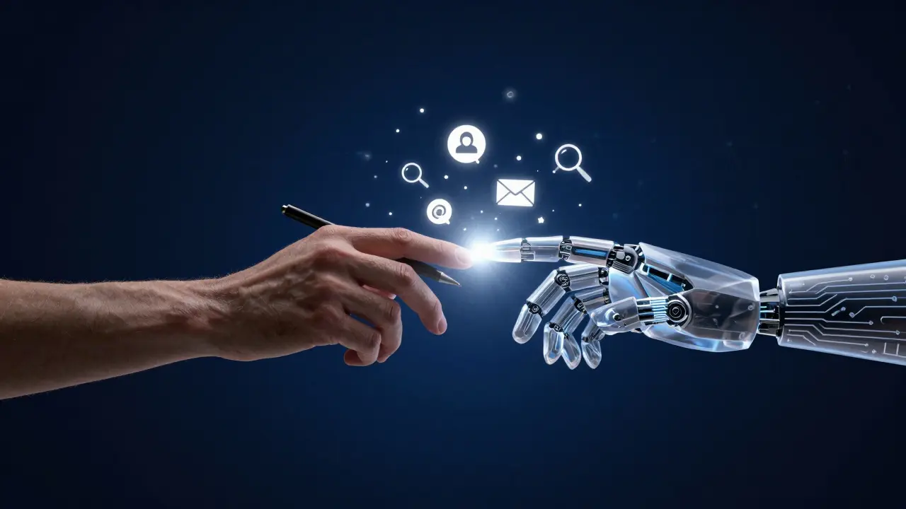 Human and robotic hands connecting to symbolize AI-human collaboration in marketing