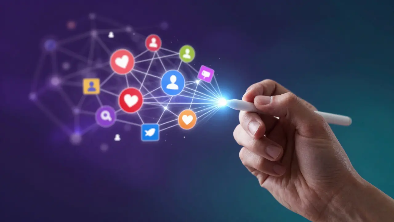 Human hand connecting with glowing AI neural network forming social icons