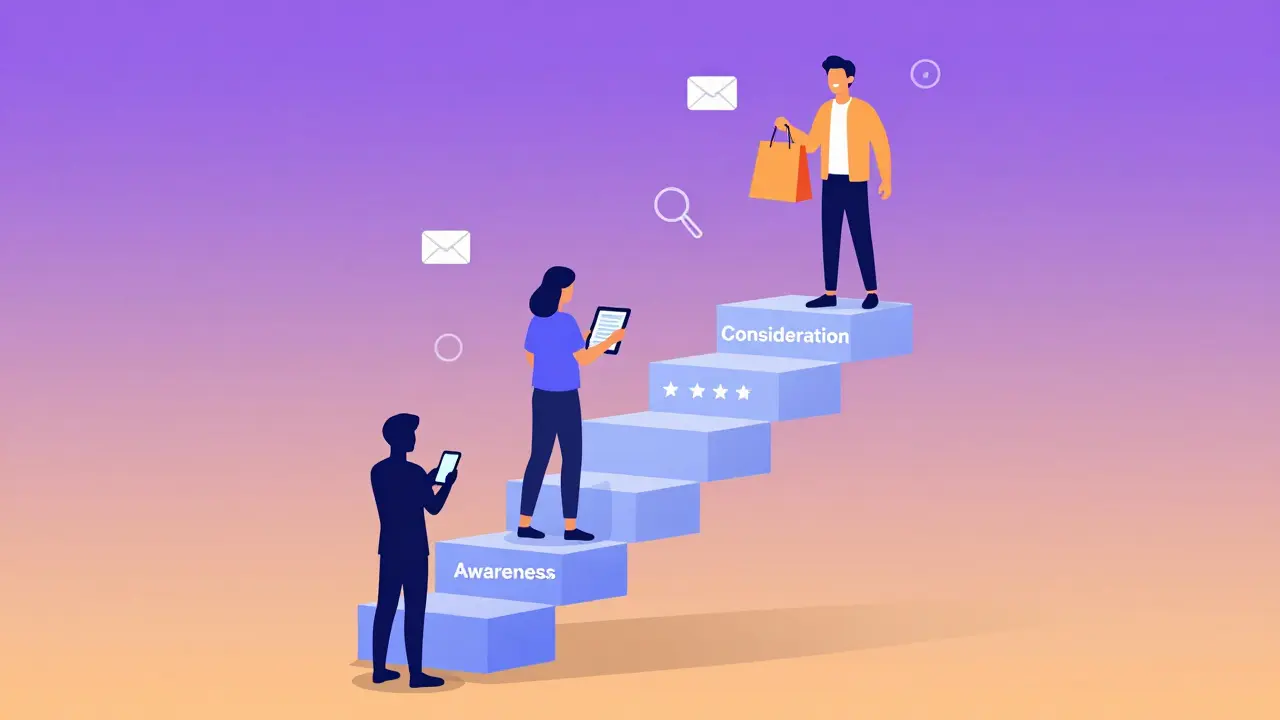 Illustration of a customer journey funnel showing awareness, consideration, and decision stages