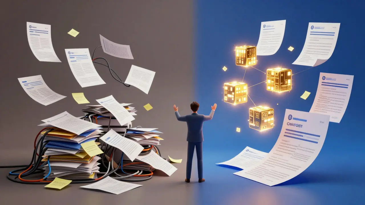 Visual metaphor comparing chaotic manual work to streamlined AI-assisted content creation