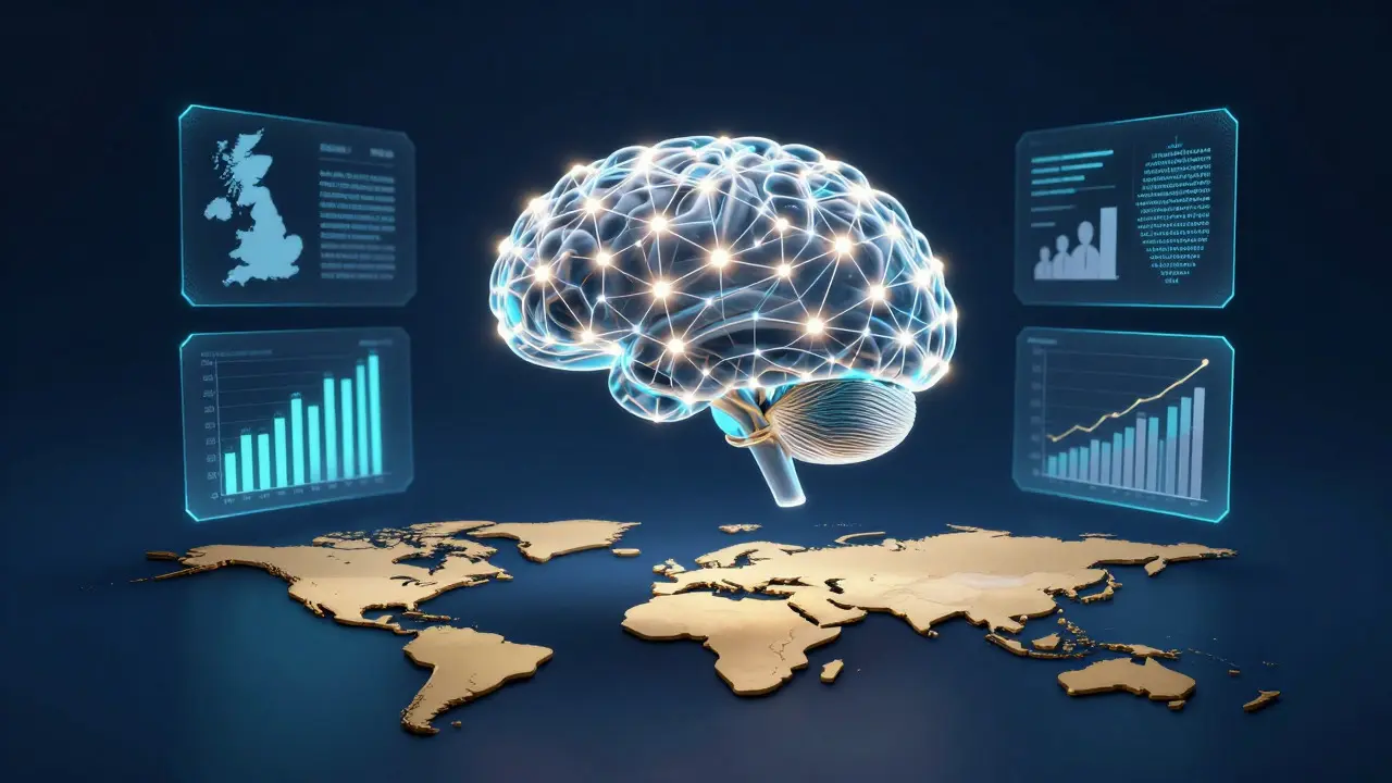 Abstract 3D neural network brain over a UK map with data charts.