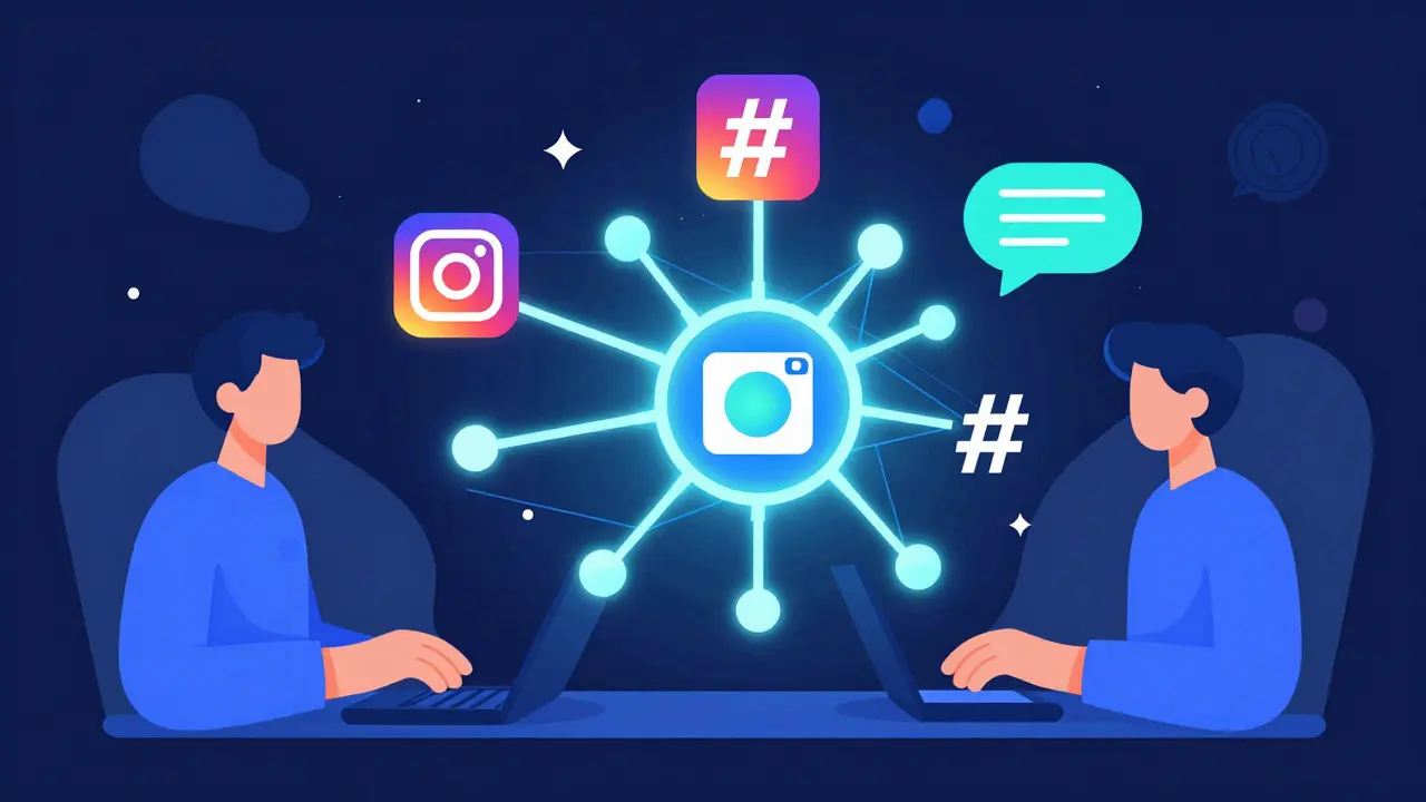 Abstract digital art of AI connecting social media icons