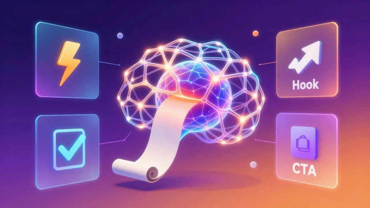 Abstract illustration of AI generating video hooks and script structures
