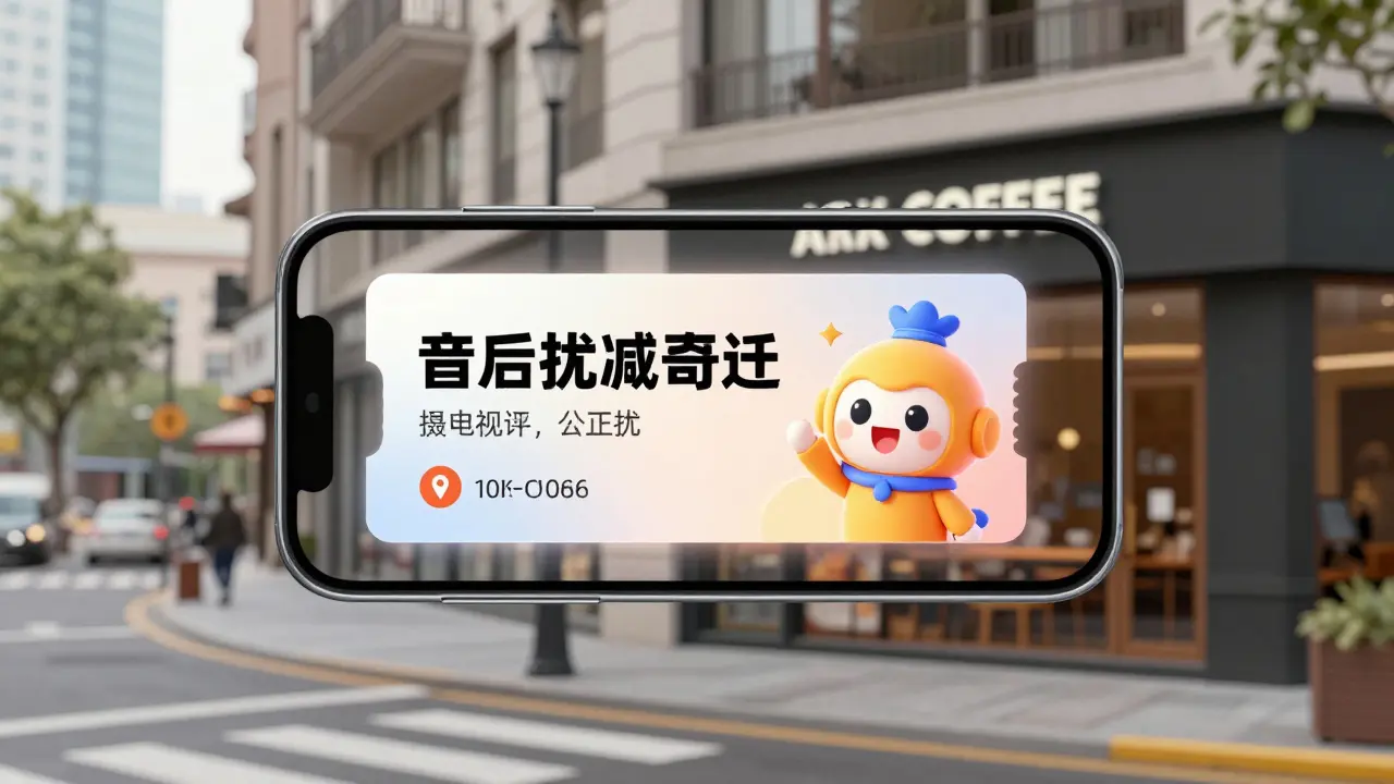 Augmented reality digital coupon floating above a real-world coffee shop