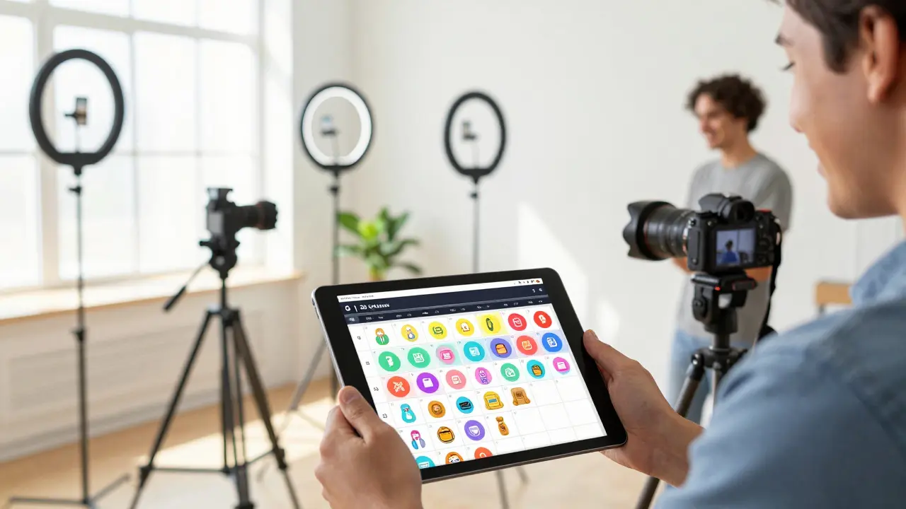 Content creator filming batch videos with a content calendar