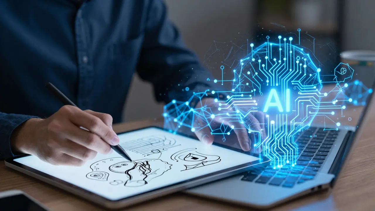 Creative professional using a tablet while digital AI patterns merge with their sketches.