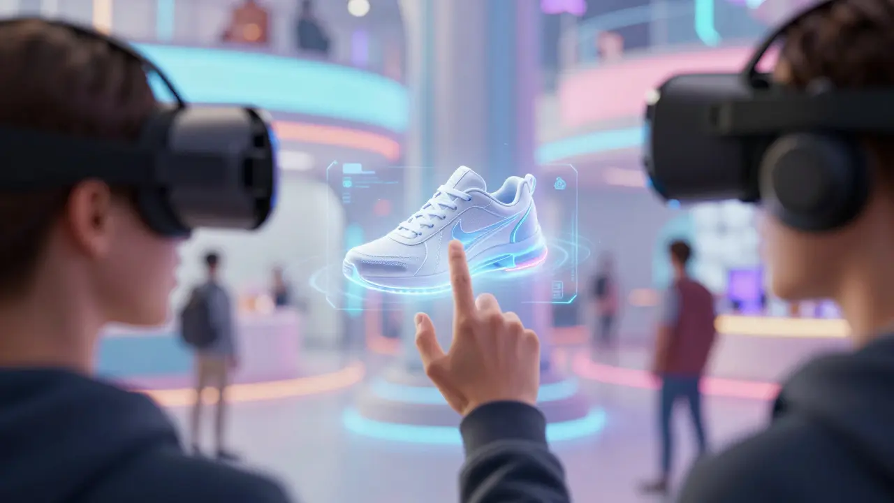 Gamer in VR headset interacting with a floating holographic sneaker ad