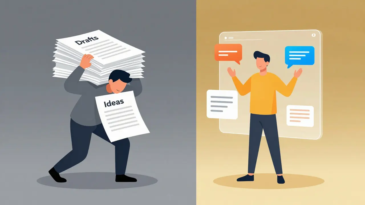 Illustration contrasting manual work stress with AI-assisted efficiency