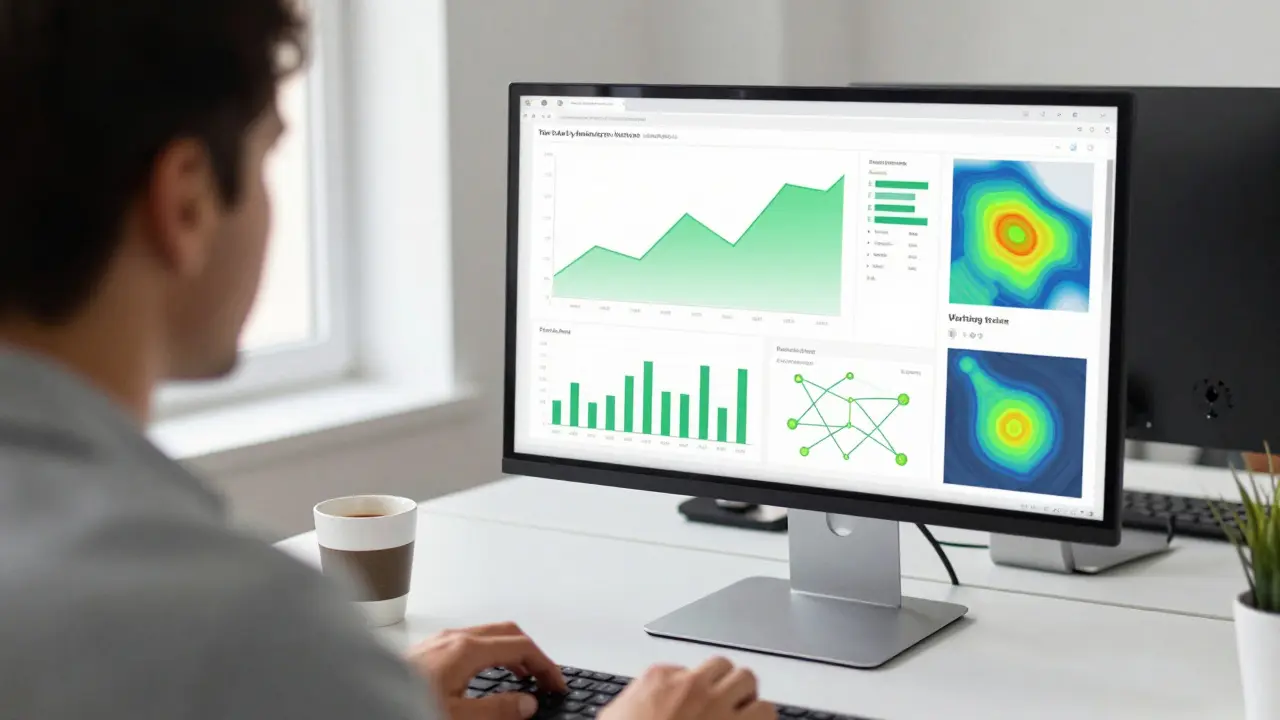 Marketer analyzing abstract data graphs and heat maps on a computer screen in a modern office.
