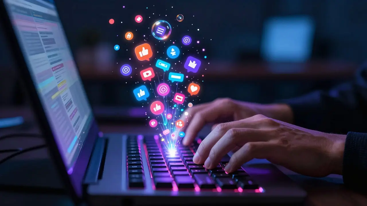 Marketer typing as colorful text and social icons float from the screen.