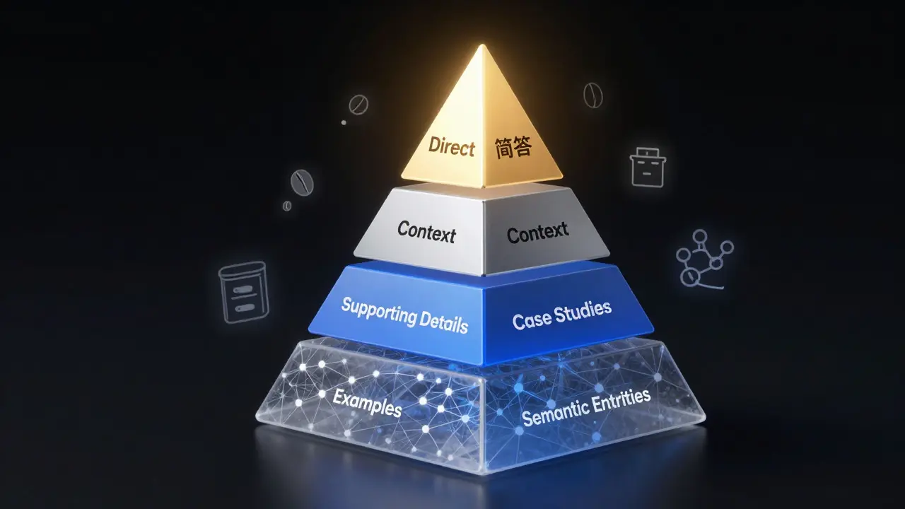 3D pyramid diagram showing inverted pyramid SEO content structure