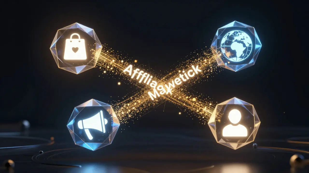 Abstract 3D visualization of affiliate marketing ecosystem nodes connecting