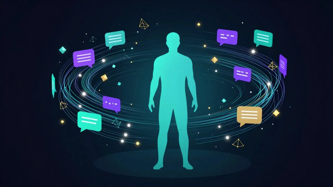Abstract illustration of data streams converging on a human silhouette