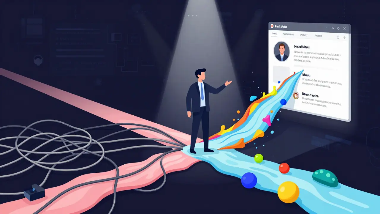 Conceptual art showing a strategist curating vibrant human content from AI data