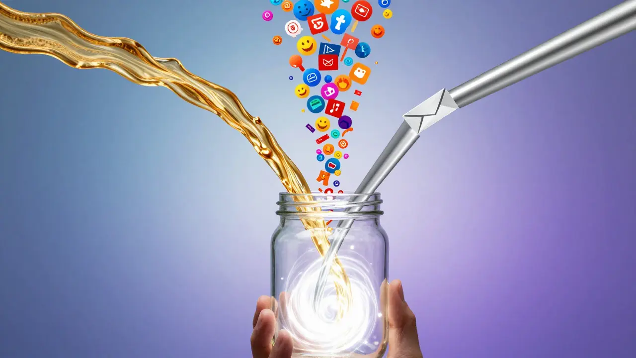 Conceptual art showing three colored light streams merging into a jar to represent marketing synergy