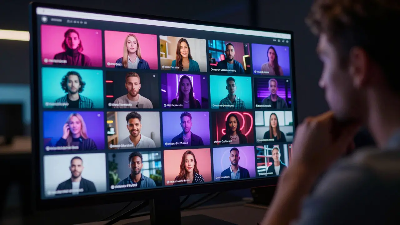 Creative director analyzing a grid of social media video previews on a large screen