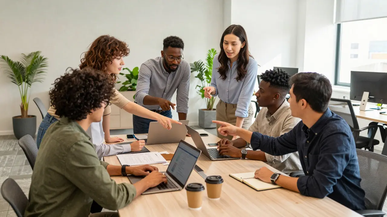 Diverse marketing team collaborating around a table in a sunlit office