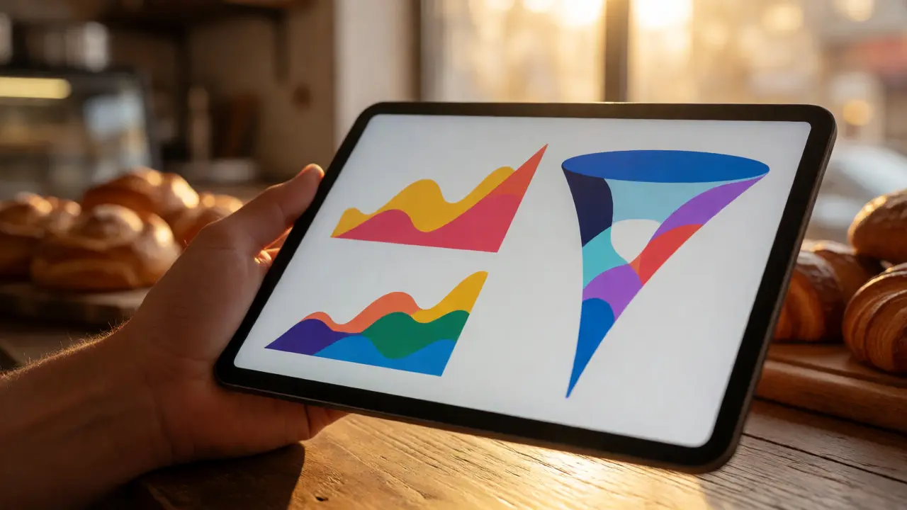 Hand holding tablet with data graphs in front of a warm, lit bakery interior.