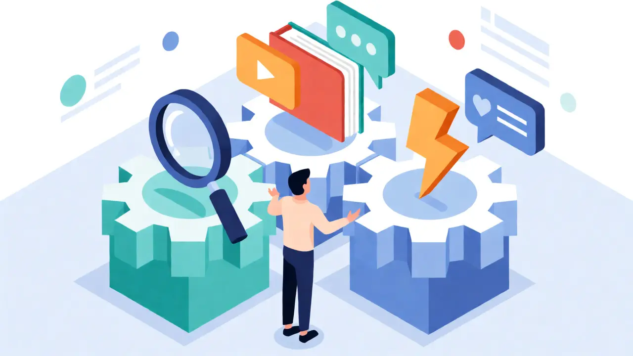 Isometric illustration of business owner assembling SEO, content, social, and paid marketing pillars.