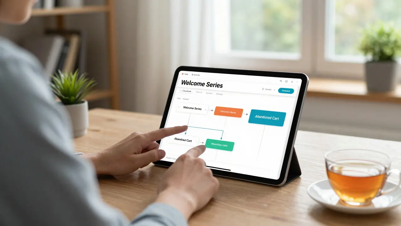 Marketer reviewing email automation workflows on a tablet