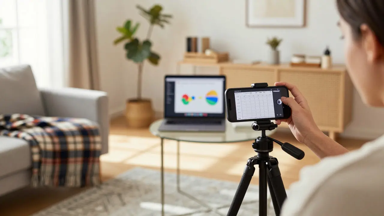 Person filming product review video in cozy British living room setting