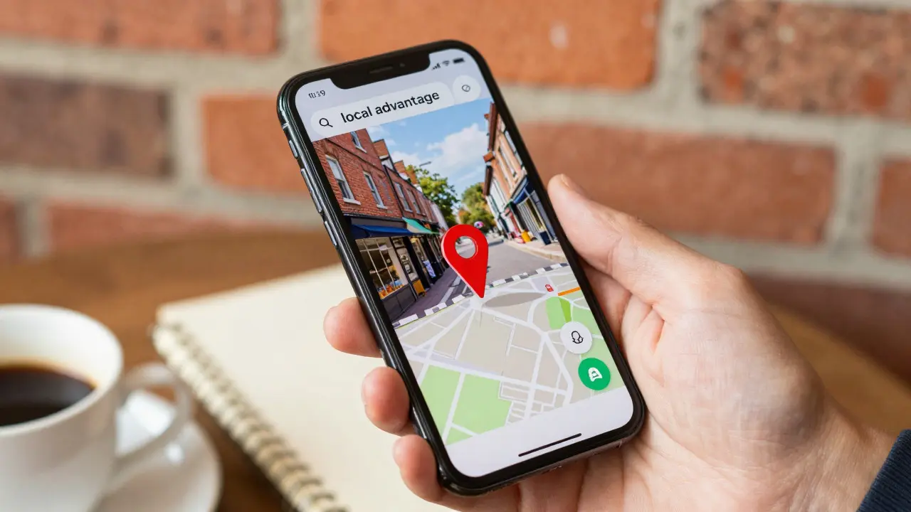 Smartphone displaying a map pin over a local shopfront, symbolizing local SEO and neighborhood reach