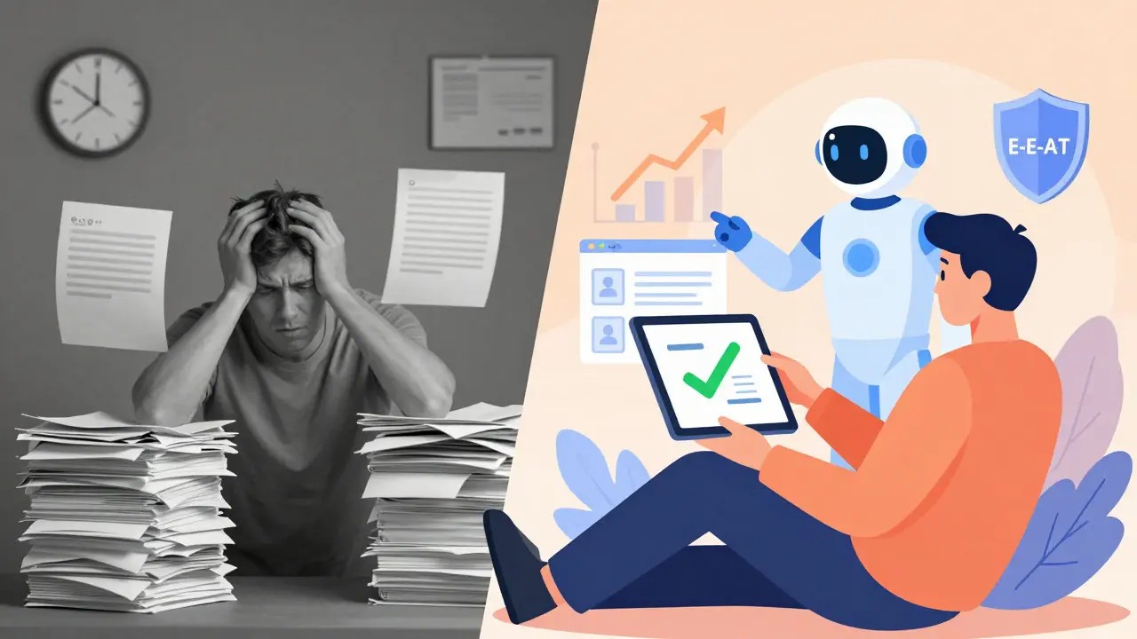Split image contrasting overwhelmed manual work with efficient AI-assisted workflow