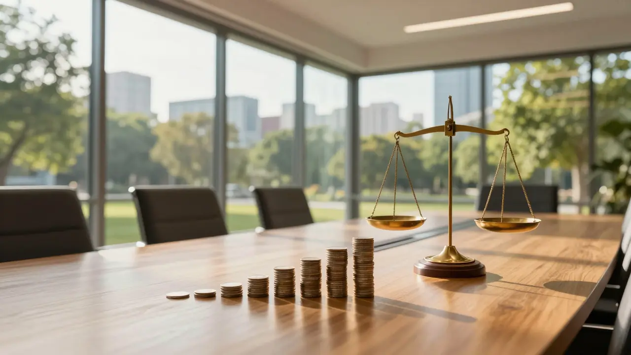 Symbolic representation of financial growth and ROI in a sunlit boardroom