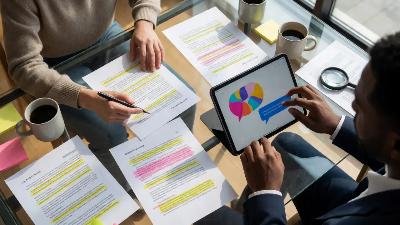 Two people reviewing printed drafts and tablet interface for fact-checking