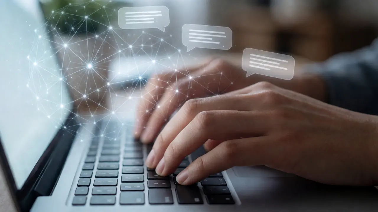Hands typing on laptop with AI holographic overlays