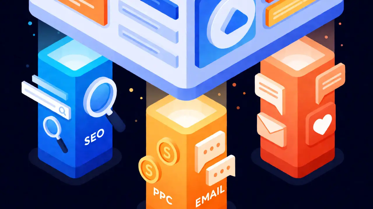 Isometric 3D illustration of four digital marketing pillars